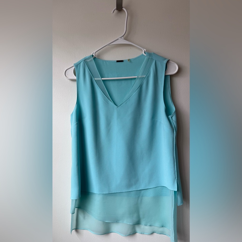 Elie Tahari Sleeveless V-Neck Chiffon Layered Tank - Aqua Blue - Picture 2 of 5
